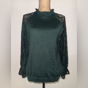 Adrianna Papell Dark Green Lace Sleeve Blouse